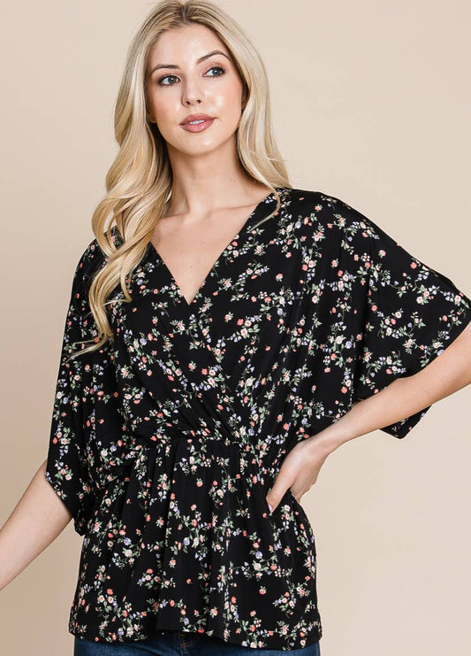 Black Floral Wrap Top